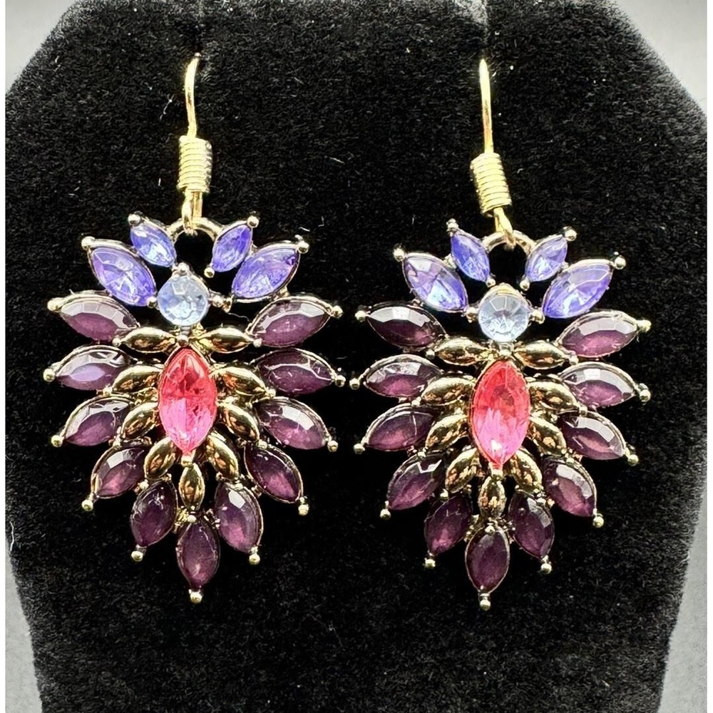 Multi Color Gold Tone Purple Pink Rhinestone Peacock Style Dangle Earrings